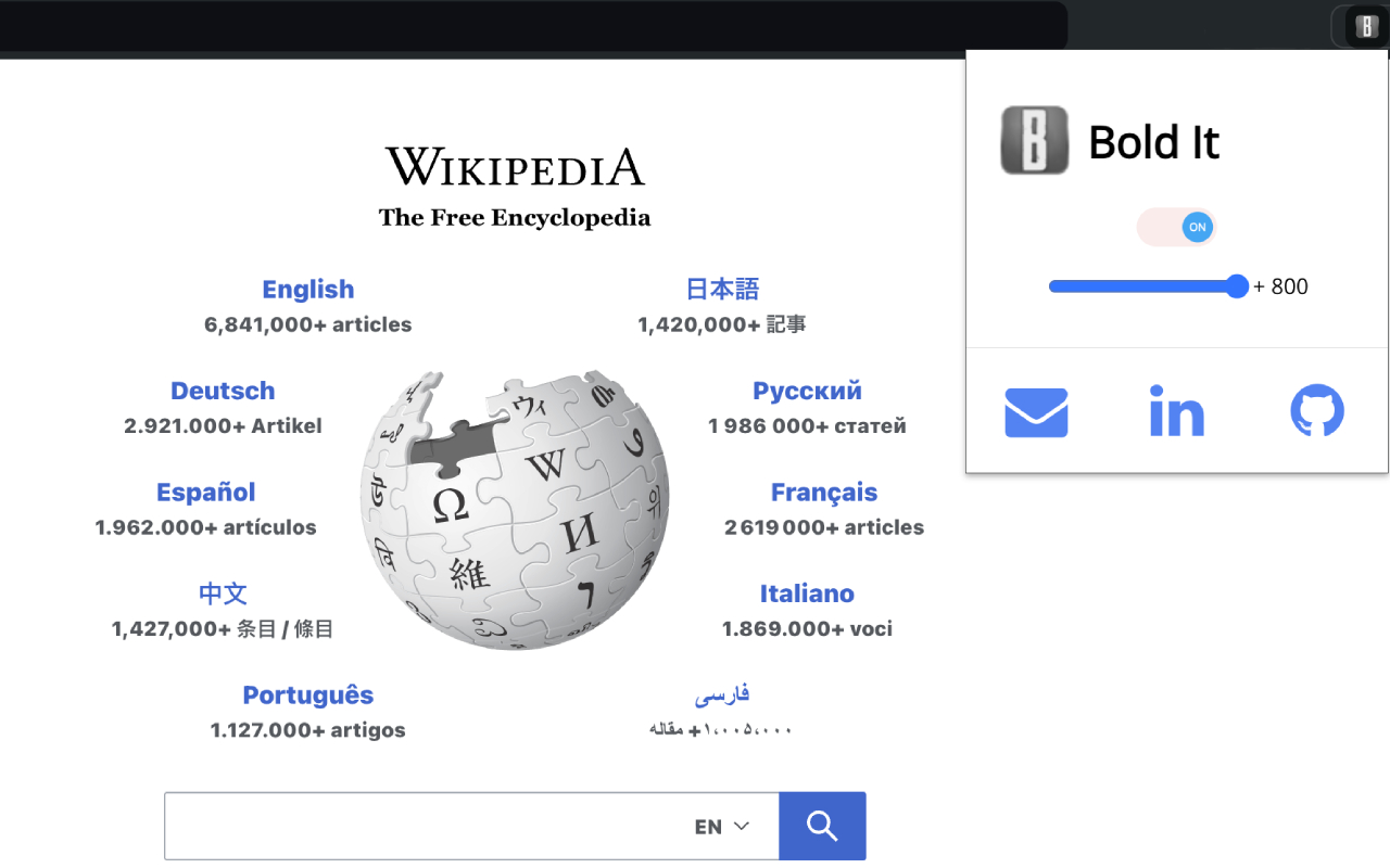 Bold It popup open over Wikipedia, slider set to +800, every link and label rendered heavier